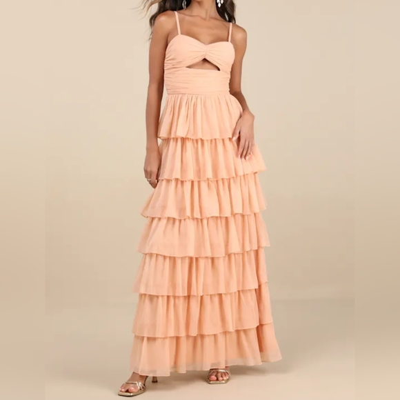 Lulus Arata PEACH Cutout Sleeveless Tiered Maxi Dress, XS - Picture 1 of 11